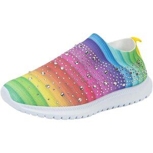 Women's Mesh Walking Shoes Rhinestone Glitter Slip On Ballroom Sneakers Rainbow